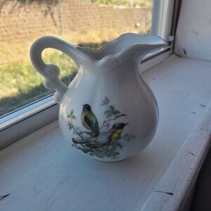 Vintage Porcelain Pitcher with Bird Motif & Gold Trim